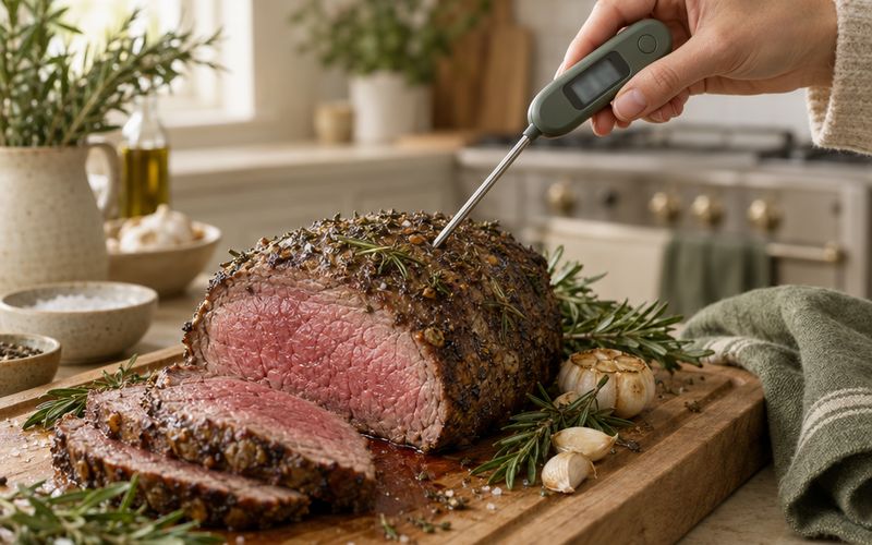 Symbolbild: Einstichthermometer im Rinderbraten