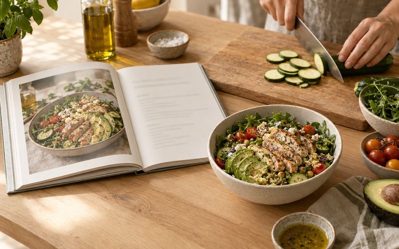 Symbolbild: aufgeschlagenes Kochbuch neben einer Salatzubereitung