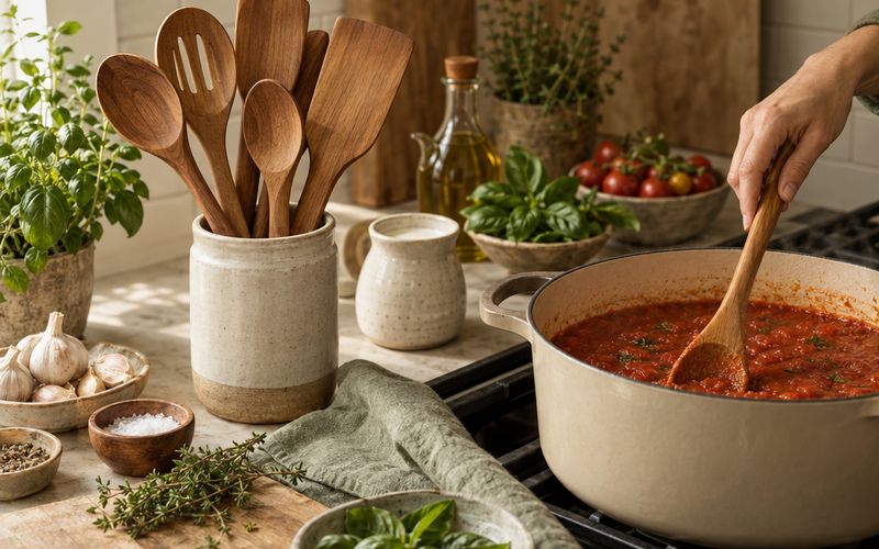 Symbolbild: Kochlöffel aus Holz im Topf mit Tomatensoße