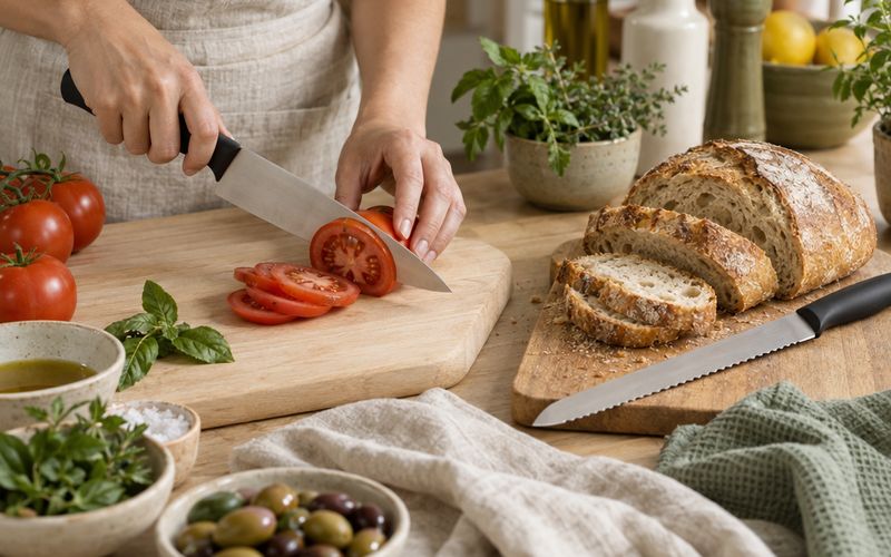Symbolbild: Kochmesser und Brotmesser beim Schneiden von Tomate und Brot