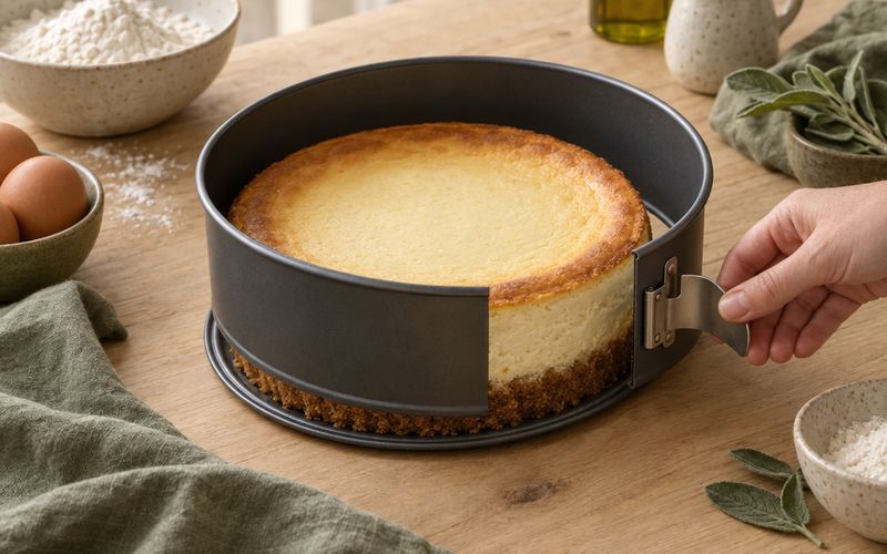 Symbolbild: geöffnete Springform mit Käsekuchen