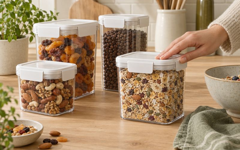 Symbolbild: Vorratsboxen mit Müsli, Nüssen und Kaffeebohnen