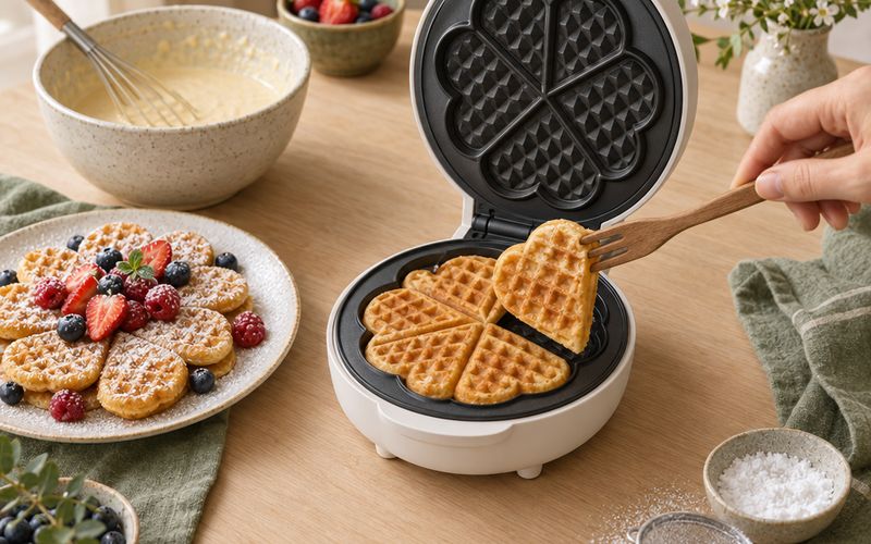 Symbolbild: Herzwaffeleisen mit frisch gebackener Waffel