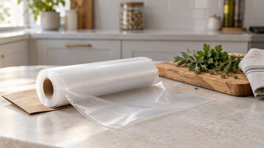 A photograph of a single clear vacuum sealer roll resting on a light stone kitchen counter, its transparent plastic catching the soft morning light. The roll is loosely coiled beside a wooden cutting board with a few fresh herbs and a folded neutral linen towel, suggesting everyday food storage without showing anyone mid-task. A small, unmarked paper sleeve sits partially beneath the roll, with no readable text or branding. In the softly blurred background, a clean modern kit