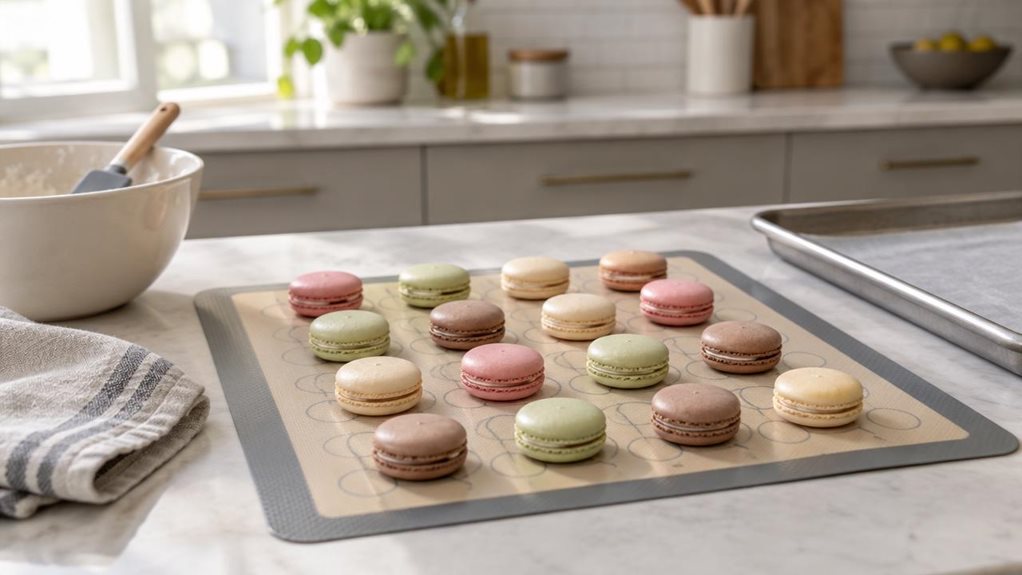 A photograph of a single silicone baking mat resting on a clean kitchen counter beside a baking sheet, with several neatly arranged macarons cooling on its surface. The mat’s subtle circular guides and flexible, lightly textured silicone are clearly visible, while a mixing bowl and a folded linen towel sit naturally nearby. Composed horizontally in a 16:9 landscape frame, the scene feels like a candid glimpse of a home baker’s kitchen after baking, with no person or action in