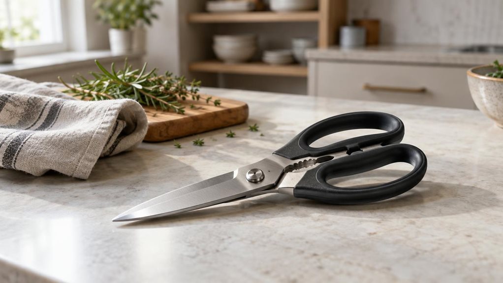 A photograph of a single pair of stainless-steel kitchen shears resting naturally on a pale stone countertop in a modern home kitchen, composed as a horizontal 16:9 landscape. The shears are the clear hero, shown at a slight diagonal with their brushed metal blades and dark, ergonomic handles in crisp focus. Nearby, a folded linen tea towel, a small wooden cutting board, and a few fresh herb sprigs suggest everyday kitchen use without making the scene feel staged. Soft window