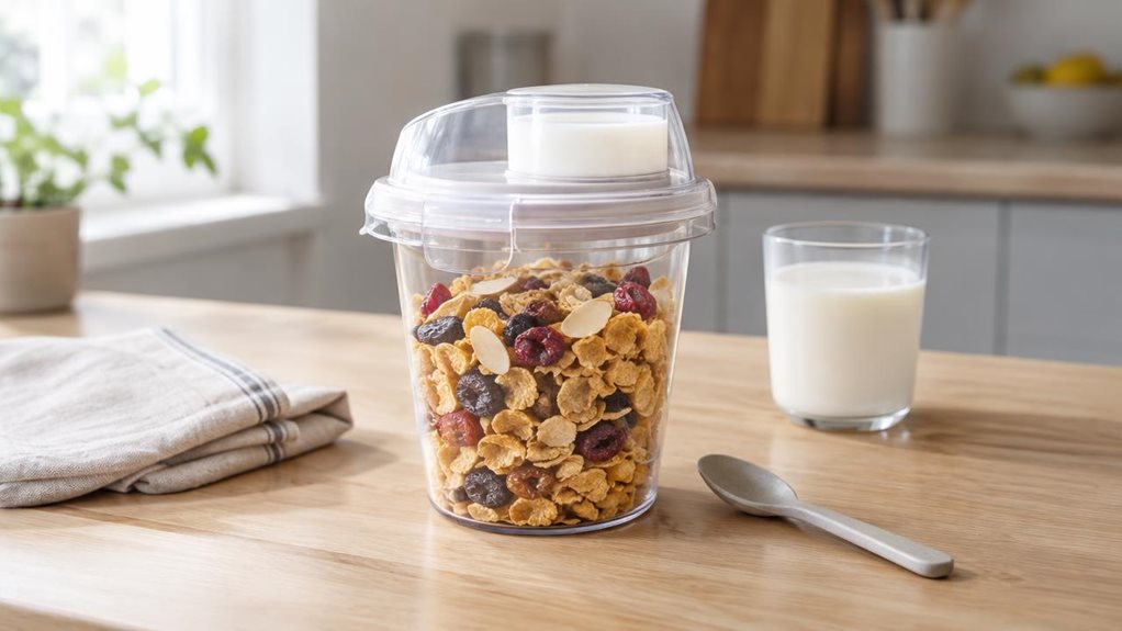 A photograph of a single 1120 ml to-go cereal cup resting on a light oak kitchen counter, composed as a horizontal 16:9 landscape scene. The cup has a clear, sturdy body showing distinct layers of crunchy cereal and dried fruit, with a neatly fitted lid and a small separate compartment for milk or toppings. A simple reusable spoon sits beside it, while a folded linen napkin and a glass of milk add a casual breakfast setting without distracting from the product. Soft morning l