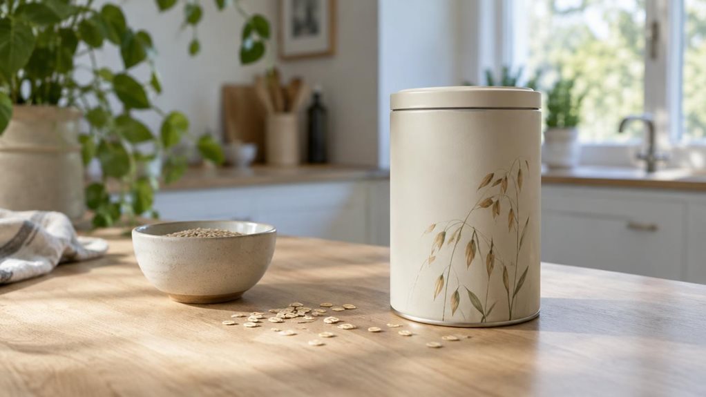 A photograph of a single Scandinavian-inspired cereal tin resting on a pale oak kitchen counter in a calm, modern home. The tin has a simple cylindrical shape, a fitted lid, and a muted cream finish with subtle nature-inspired detailing, with no visible branding. Nearby, a small ceramic bowl and a few scattered oats make the setting feel lived-in without distracting from the product. In the softly blurred background, hints of a bright kitchen, leafy greenery, and a window sug