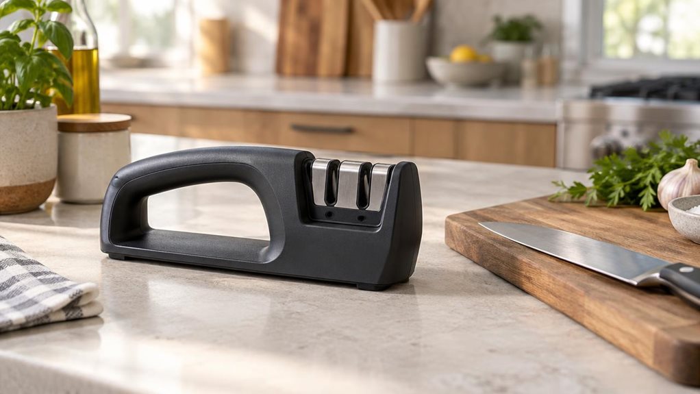 A photograph of a single manual three-stage knife sharpener resting naturally on a light stone kitchen counter, beside a wooden cutting board and a chef’s knife. The sharpener is the clear hero: a compact, realistic countertop tool with a matte dark body, subtle molded details, and three visible sharpening slots, with no branding or text. A few everyday kitchen items sit nearby, suggesting a lived-in home without distracting from the product. The horizontally composed 16:9 la