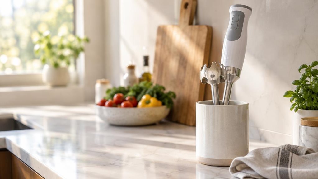 A photograph of a sleek white and silver hand blender resting upright in a ceramic utensil holder on a sunlit kitchen countertop. The scene is horizontally composed in 16:9 landscape, capturing a modern kitchen corner with soft, out-of-focus elements in the background—a wooden cutting board, a bowl of fresh vegetables, and the hint of a window letting in warm, diffused morning light. The countertop surface is light quartz with subtle veining, catching gentle highlights that e