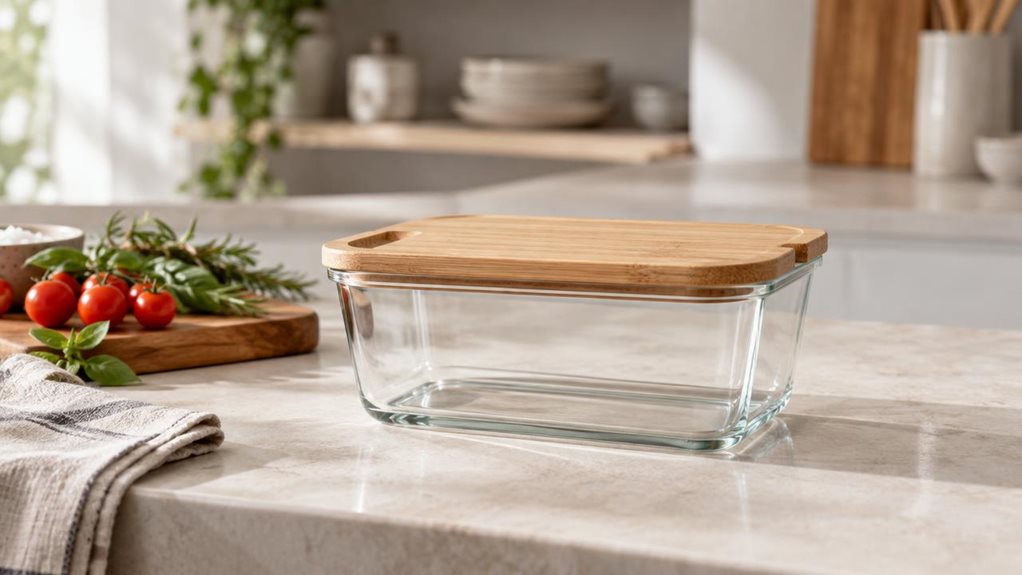 A photograph of a single clear food storage container with a snug bamboo lid, styled as a premium kitchen product in a bright, modern home kitchen, captured in a horizontally composed 16:9 landscape frame. The container sits naturally on a pale stone countertop beside a folded linen towel, a wooden cutting board, and a few neatly arranged cherry tomatoes and herbs, suggesting everyday meal prep without any visible action. The glass is crystal-clear with subtle reflections, an