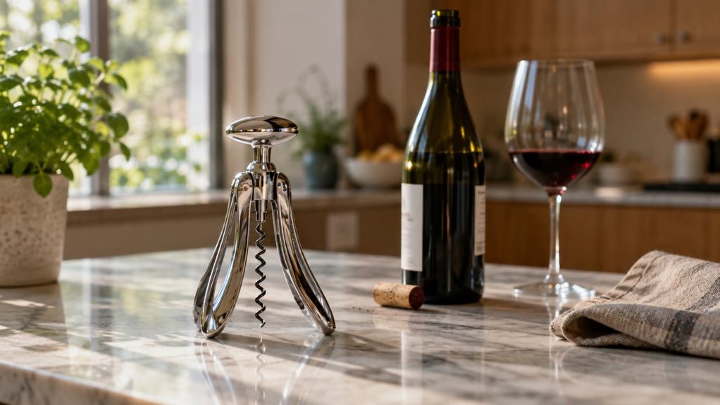 A photograph of a sleek corkscrew resting casually on a marble kitchen countertop, its sculptural chrome form catching soft afternoon light streaming through a nearby window. The corkscrew's modern, biomorphic design—curved metal arms and a rounded head—sits beside an opened bottle of red wine with a slightly uncorked top, suggesting recent use. A single wine glass, half-filled, stands nearby, slightly out of focus, alongside a folded linen napkin with a subtle woven texture.
