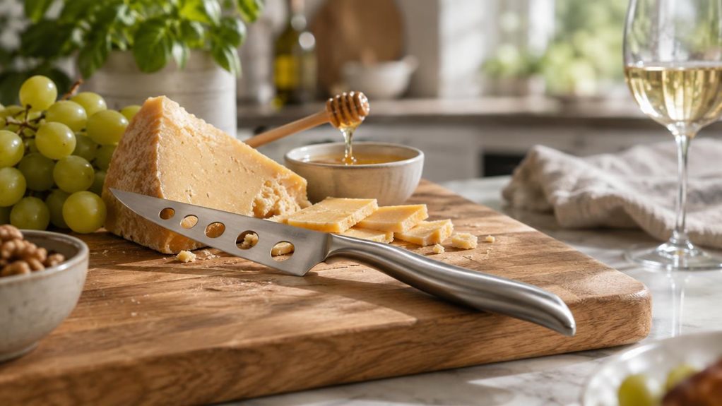 A photograph of a sleek stainless steel cheese knife resting diagonally atop a wooden cutting board, its perforated blade catching soft, diffused sunlight streaming through a nearby kitchen window. The knife's sculptural handle, with a subtle organic curve reminiscent of modern Italian design, gleams with a satin finish against the warm tones of the oak board. Scattered around it are casual signs of a cheese tasting in progress: a wedge of aged cheddar with a few slices cut a