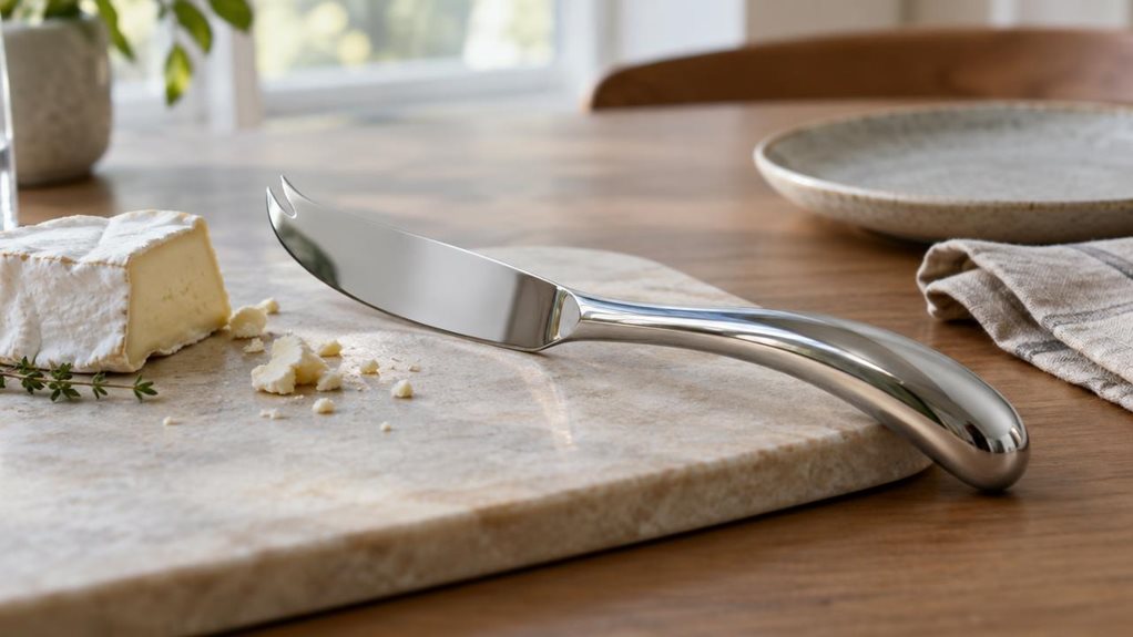 A photograph of a single sculptural cheese knife resting diagonally on a pale stone serving board in a calm, modern dining setting. Its polished stainless-steel blade and distinctive, gently curved handle catch the soft daylight from a nearby window, revealing realistic reflections and fine surface details. A small wedge of creamy cheese and a few crumbs sit beside it, while a folded linen napkin and understated ceramic plate add a lived-in touch without distracting from the 