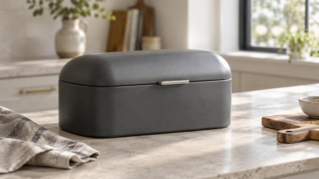 A photograph of a single matte dark-gray bread bin resting on a pale stone countertop in a calm, modern kitchen, composed horizontally in a 16:9 landscape frame. Its softly rounded rectangular form and gently curved lid are the clear focal point, with subtle highlights revealing a realistic, finely textured finish. Nearby, a linen tea towel and a small wooden cutting board sit casually on the counter, suggesting everyday use without anyone in the scene. The background falls i
