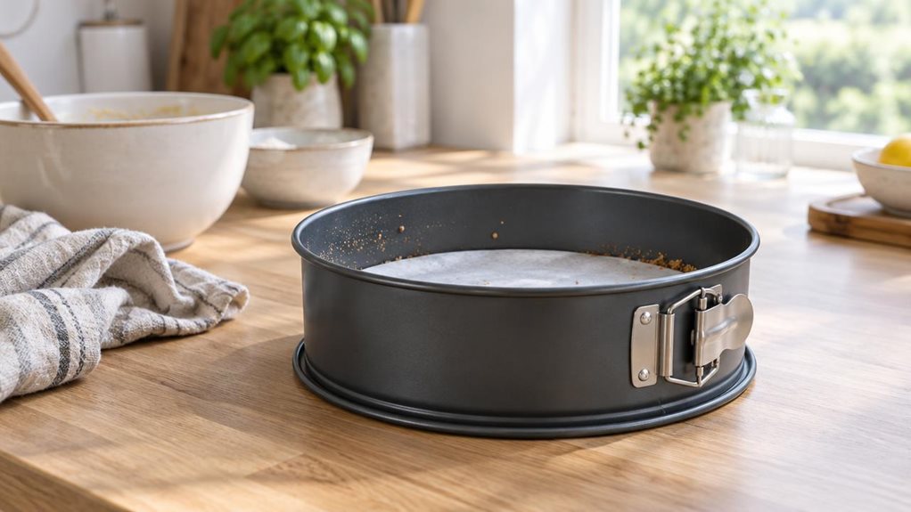 A photograph of a matte dark-gray 10-inch springform cake tin resting on a light oak kitchen counter in a bright, modern home kitchen, framed in a horizontal 16:9 landscape composition. The tin sits slightly off-center as the hero object, its clasp and removable base clearly visible, with a parchment circle inside and a few fine crumbs around the rim, suggesting recent baking without showing active preparation. Behind it, softly blurred are ceramic mixing bowls, a linen tea t