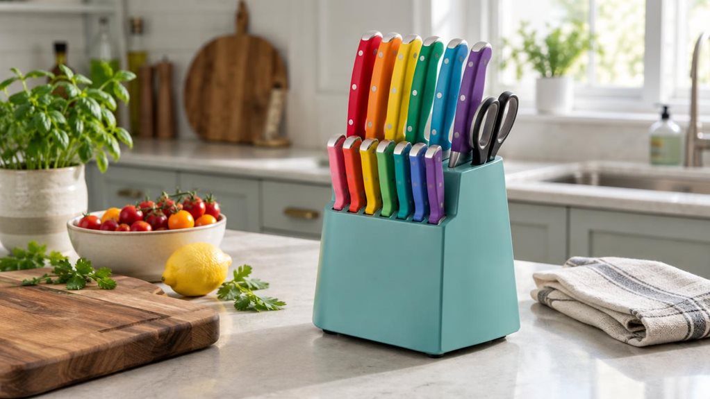 A photograph of a colorful 12-piece kitchen knife set arranged neatly on a pale stone countertop in a bright, modern home kitchen. The knives, each with a distinct vivid handle, rest in a compact matching block beside a wooden cutting board and a folded linen towel. A few everyday ingredients—a lemon, fresh herbs, and a bowl of cherry tomatoes—sit nearby, suggesting a lived-in cooking space without showing anyone mid-action. The set is the clear hero, captured at countertop h