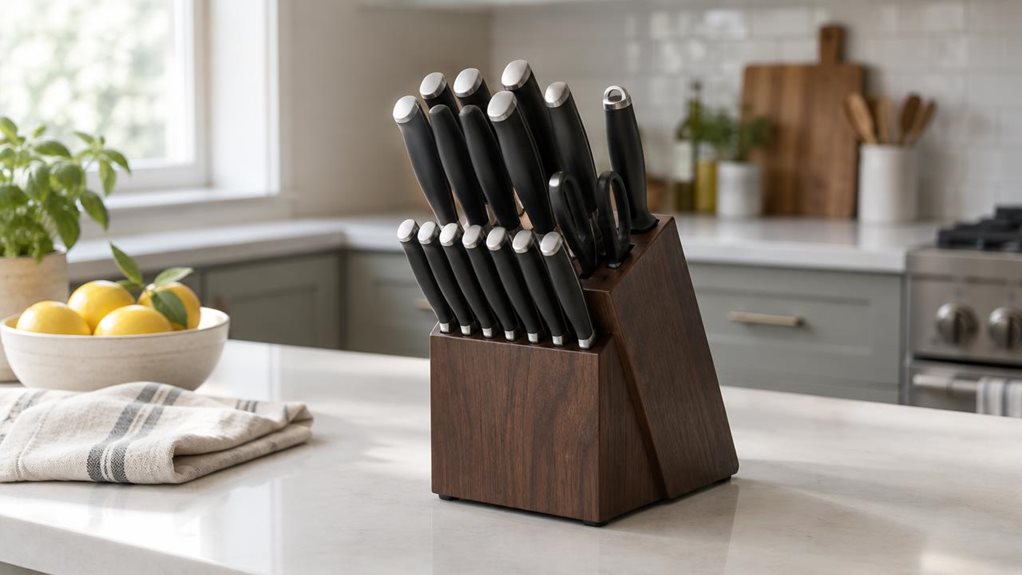 A photograph of a single 14-piece kitchen knife set displayed in its dark wooden block on a clean, light-colored kitchen counter, composed horizontally in a 16:9 landscape frame. The block and its neatly arranged stainless-steel knives are the clear hero, with polished blades catching gentle highlights and matte handles adding a practical, understated look. Nearby, a folded linen towel and a small bowl of fresh lemons suggest an everyday home kitchen without distracting from 