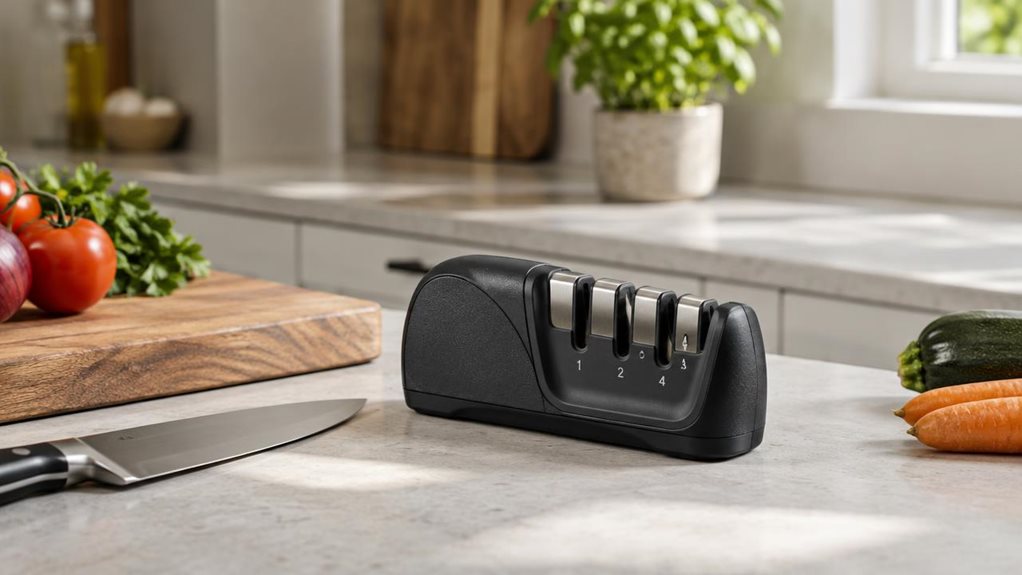 A photograph of a single compact 4-in-1 knife sharpener resting on a clean kitchen counter beside a wooden cutting board. Its dark, understated body and clearly visible sharpening slots are in crisp focus, with a chef’s knife and a few casually arranged vegetables nearby to suggest its everyday kitchen setting. The scene feels candid and observational, as though captured during a quiet moment in a modern home rather than staged for a catalog. Soft natural window light falls a