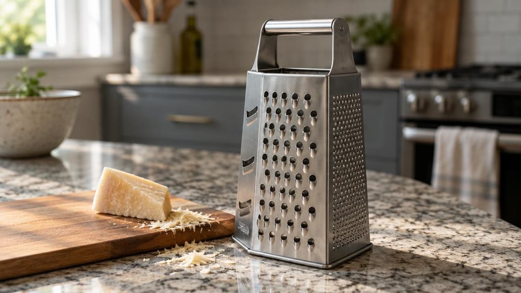 A photograph of a stainless steel 4-sided box grater standing upright on a granite kitchen countertop, positioned slightly off-center to the right. The grater's brushed metal surface catches soft, diffused daylight streaming in from a nearby window, highlighting the different grating textures on each panel. A small wedge of parmesan cheese rests beside it on a wooden cutting board, with a few loose shavings scattered naturally around the base. In the blurred background, muted