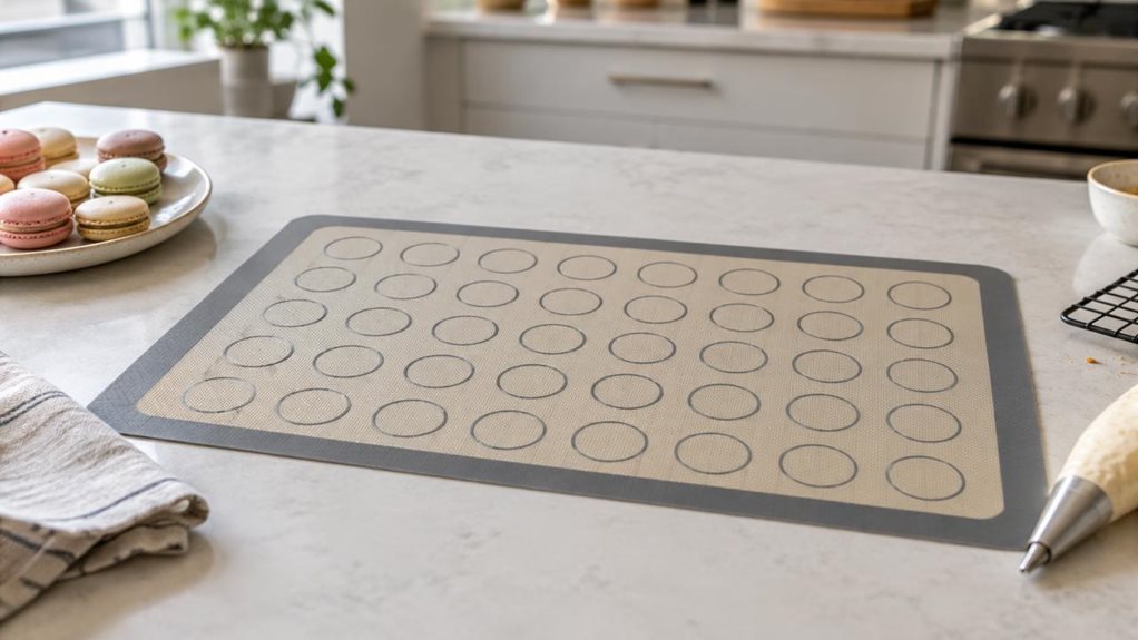 A photograph of a single silicone macaroon baking mat resting on a clean, pale stone countertop in a bright, modern home kitchen. The mat is centered in a horizontal 16:9 landscape composition, its neat rows of circular guides clearly visible, with a few freshly baked macarons cooling nearby on a simple ceramic plate. A folded linen towel and understated baking tools sit casually at the edge of the frame, suggesting an everyday kitchen rather than a staged studio. Soft natura