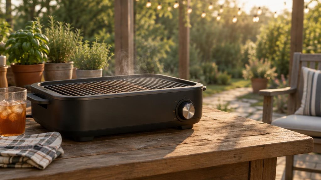 A photograph of a sleek black electric grill resting on a weathered wooden patio table, captured in warm late-afternoon sunlight. The grill's matte finish catches soft golden rays, highlighting its rounded edges and brushed metal control dial. Faint wisps of steam rise from the grates, where subtle grill marks remain from a recent use, though no food is currently present. A folded plaid kitchen towel sits beside it, along with a half-empty glass of iced tea sweating in the wa