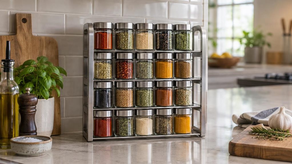 A photograph of a single silver spice rack holding 20 clear glass jars, arranged neatly on a kitchen counter beside a tiled backsplash. The rack is the hero of a horizontally composed 16:9 landscape scene, its brushed-metal frame and orderly rows of jars rendered in crisp detail. Each jar has a matching silver lid and contains a different colorful spice, from deep red paprika to golden turmeric and leafy green herbs. The rack sits naturally within a modern, lived-in kitchen, 