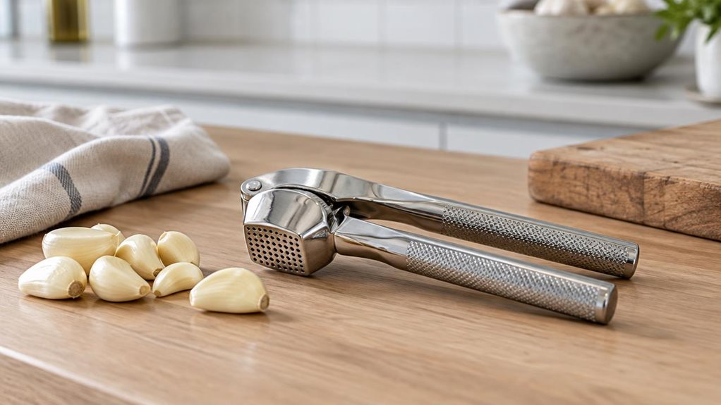 A photograph of a single stainless steel garlic press resting naturally on a light oak kitchen counter in a bright, modern home, framed in a horizontally composed 16:9 landscape scene. The press sits beside a small pile of peeled garlic cloves, a linen dish towel, and a wooden cutting board, suggesting quiet everyday use without any action taking place. Its polished metal body and textured handles catch soft window light from the side, creating subtle highlights and realistic