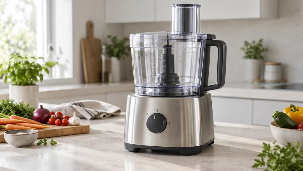 A photograph of a single 5-liter, 1000-watt food processor resting on a light stone kitchen counter in a bright, modern home. The appliance has a sturdy brushed-metal base, a clear mixing bowl with a fitted lid, and a simple dark control dial; its generous size and practical construction make it the unmistakable hero of the scene. Nearby, a folded linen towel, a wooden cutting board, and a few casually arranged vegetables suggest everyday meal preparation, without showing the