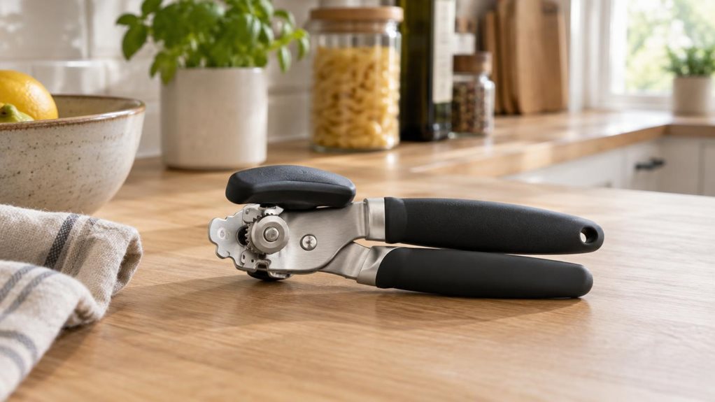 A photograph of a single manual can opener resting casually on a light oak kitchen countertop, shown in a horizontally composed 16:9 landscape scene with a softly blurred modern kitchen in the background. The opener has a stainless steel cutting wheel, brushed metal arms, and a dark soft-grip handle that looks comfortable and practical, with subtle highlights catching the natural window light. Nearby, a ceramic bowl, a folded linen towel, and a few pantry items sit out of foc