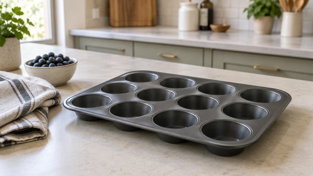 A photograph of a single dark gray, 12-cup non-stick muffin pan resting on a pale stone kitchen island, composed as a horizontal 16:9 landscape scene. The pan is the clear hero, viewed at a gentle three-quarter angle so its evenly spaced wells, rolled rim, and subtle matte finish are visible. It sits in a calm, lived-in home kitchen beside a folded linen tea towel and a small bowl of blueberries, with no muffins or hands in view. Soft window light falls across the metal, crea
