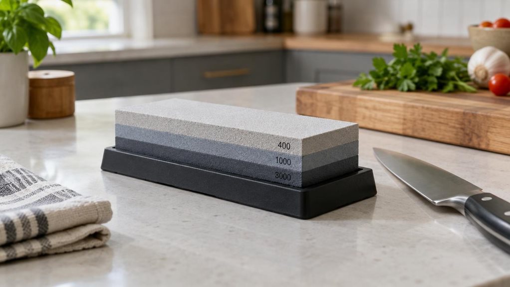 A photograph of a single four-grit whetstone set resting on a clean kitchen counter beside a wooden cutting board, in a horizontally composed 16:9 landscape scene. The rectangular sharpening stone is the clear hero, its contrasting grit surfaces and subtle texture rendered with realistic detail, set securely in a simple non-slip base. A chef’s knife lies nearby, clean and stationary, while a folded kitchen towel and a few softly blurred ingredients suggest an everyday home ki