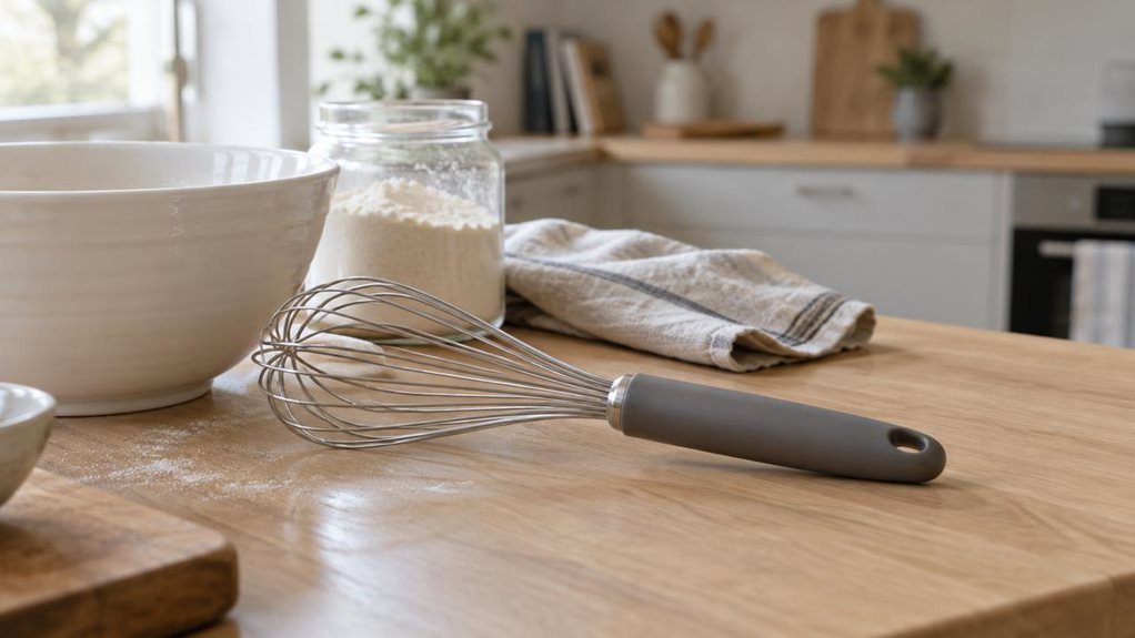A photograph of a single stainless steel whisk with a matte grey handle resting casually on a light oak kitchen countertop in a bright, modern home kitchen, captured in a horizontally composed 16:9 landscape frame. The whisk is heroed in the foreground beside a white ceramic mixing bowl, a folded linen towel, and a small glass jar of flour, all arranged with effortless realism as if left there after a quiet morning baking session. Soft natural window light washes across the s