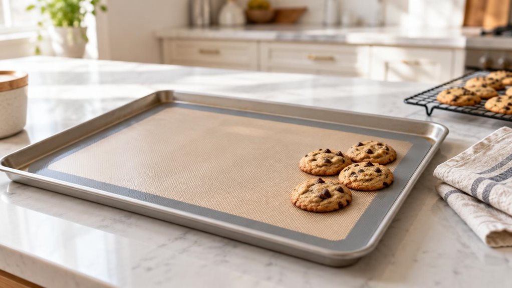 A photograph of a single reusable silicone baking mat laid flat on a clean baking sheet on a bright, modern kitchen counter, composed as a horizontal 16:9 landscape scene. The mat is the clear hero, its subtle grid texture and softly rounded corners visible in crisp detail, with a few freshly baked cookies resting casually near one edge. A folded linen tea towel and a small cooling rack sit nearby, suggesting an everyday home-baking setting without feeling staged. The scene i