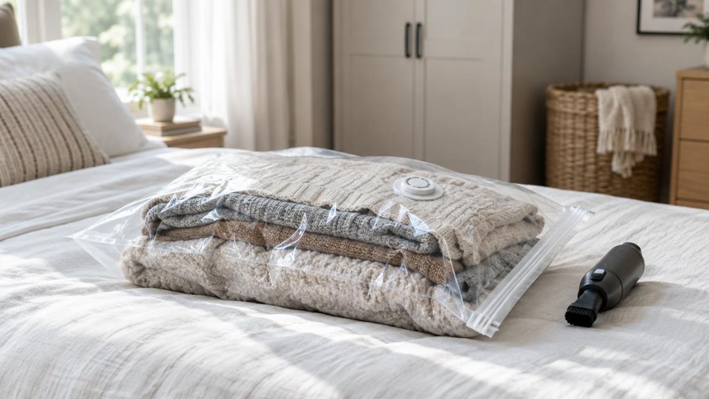 A photograph of a single clear vacuum storage bag resting on a neatly made bed in a bright, modern bedroom, composed as a horizontal 16:9 landscape scene. The bag is filled with folded sweaters and a soft blanket, compressed into a compact, tidy bundle; its transparent plastic, sealed edges, and round air valve are clearly visible. A small handheld vacuum attachment sits nearby, suggesting the bag’s practical use without showing anyone in action. Natural window light falls ge