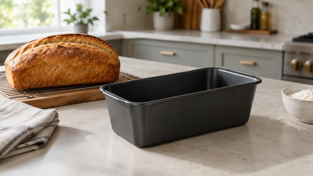 A photograph of a single dark, nonstick bread baking pan resting on a pale stone kitchen counter, its clean rectangular shape and gently rounded corners clearly visible. A freshly baked golden-brown loaf sits beside it on a wooden cooling board, with a folded linen towel and a small bowl of flour adding a casual, lived-in touch. The pan is the hero, shown in its natural kitchen setting without anyone present or any action underway. Soft window light falls across the counter, 