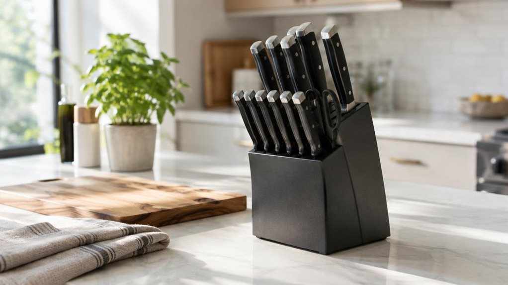 A photograph of a premium 9-piece knife block set on a bright, modern kitchen counter, framed in a horizontal 16:9 landscape composition. The set is positioned naturally beside a wooden cutting board and a folded linen towel, with the knives neatly seated in a sleek dark block that feels like it belongs in an everyday home kitchen. Soft daylight streams in from an off-frame window, creating gentle highlights on the metal blades and subtle shadows across the countertop. The ba