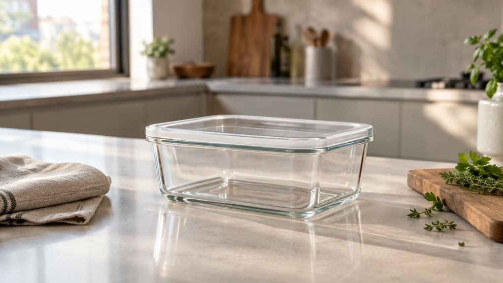 A photograph of a single clear glass storage container with a matching minimalist lid, placed casually on a sunlit kitchen countertop in a modern apartment. The horizontally composed 16:9 scene feels observational and real, as if captured with a high-end camera during a quiet morning. The container sits beside a folded linen napkin, a wooden cutting board, and a few fresh herbs, suggesting everyday use without feeling staged. Soft natural light streams in from a nearby window