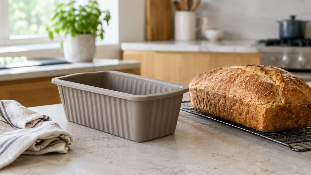 A photograph of a single unbranded silicone bread mould resting naturally on a pale stone kitchen counter, with a freshly baked loaf nearby and a folded linen tea towel adding a casual, lived-in touch. The mould is rectangular, softly flexible, and detailed with realistic ridged sides and a subtle matte finish. In the background, a bright, modern home kitchen falls into a gentle blur, with hints of wooden cabinetry and a small potted herb. The scene is horizontally composed i