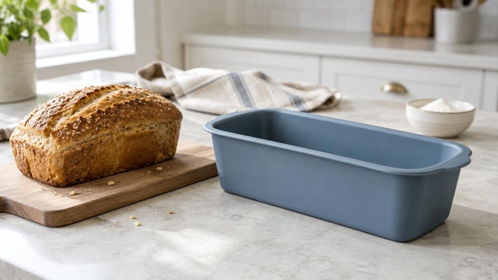A photograph of a single rectangular silicone bread mould resting on a pale stone kitchen counter, shown in a horizontally composed 16:9 landscape scene. The mould is a muted slate blue, with gently rounded corners, flexible-looking walls, and a subtle matte finish; a freshly baked loaf sits beside it on a wooden board, with a few crumbs nearby. In the softly blurred background, a bright modern kitchen features simple white cabinetry, a linen tea towel, and a small bowl of fl