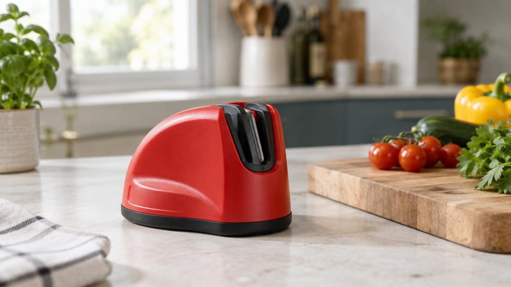 A photograph of a single compact red knife sharpener resting on a light stone kitchen countertop, its rounded PowerGrip base firmly planted beside a wooden chopping board and a few neatly arranged vegetables. The sharpener is the clear hero of the horizontally composed 16:9 landscape scene, viewed at a natural three-quarter angle that shows its sturdy red body and dark sharpening slot. Nothing is being sharpened; the arrangement feels casually observed in a lived-in, modern k