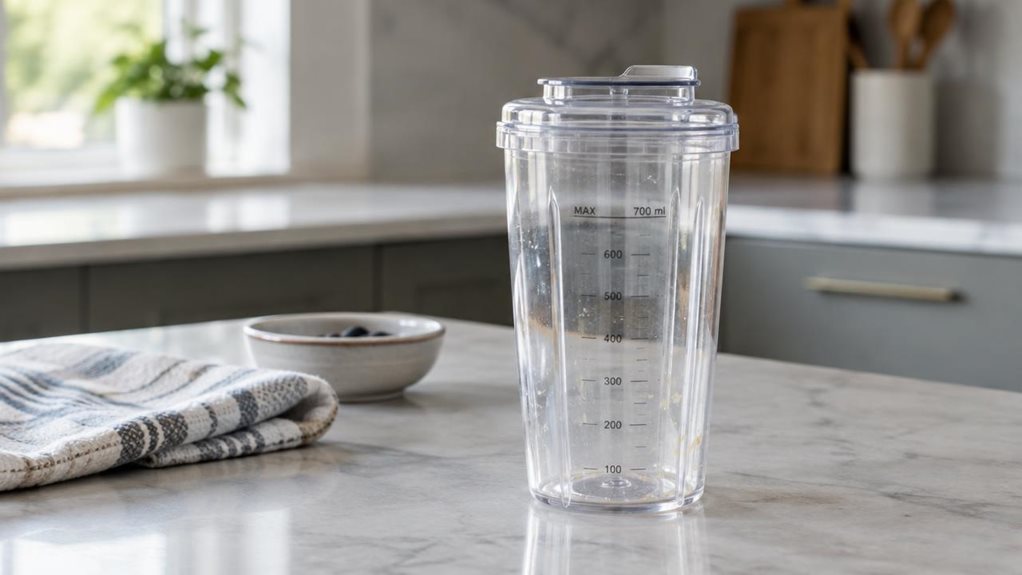 A photograph of a single clear mixing cup with a fitted lid, arranged on a clean kitchen counter in a horizontally composed 16:9 landscape scene. The cup is the hero, its transparent sides catching soft window light and revealing subtle measurement markings and a few faint traces of use. A folded tea towel and a small bowl sit nearby, suggesting an everyday home kitchen without distracting from the product. The scene feels candid and observational, as if casually captured wit