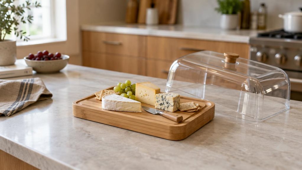 A photograph of a single bamboo cheese tray with a clear fitted hood, resting on a pale stone kitchen island in a calm, modern home. The tray holds a few wedges of cheese, neatly arranged with a small knife, while the transparent hood sits slightly ajar beside it. In the background, softly blurred details suggest a lived-in kitchen: warm wood cabinetry, a linen tea towel, and a small bowl of grapes. The horizontal 16:9 landscape composition feels casually observed, as if capt