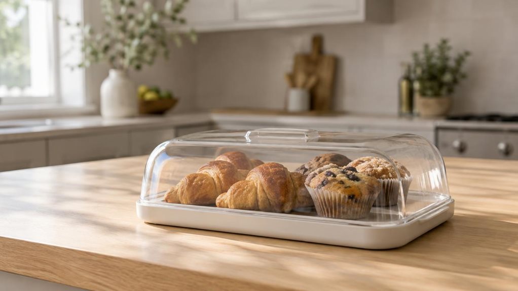 A photograph of a single covered serving tray set on a light oak kitchen island in a calm, modern home. The tray has a low rectangular profile with softly rounded corners and a clear fitted cover, its smooth, unbranded surface catching gentle highlights from a nearby window. A few pastries rest inside, visible through the cover, making the piece feel naturally at home between meals. The scene is horizontally composed in a 16:9 landscape frame, with the tray prominent in the f