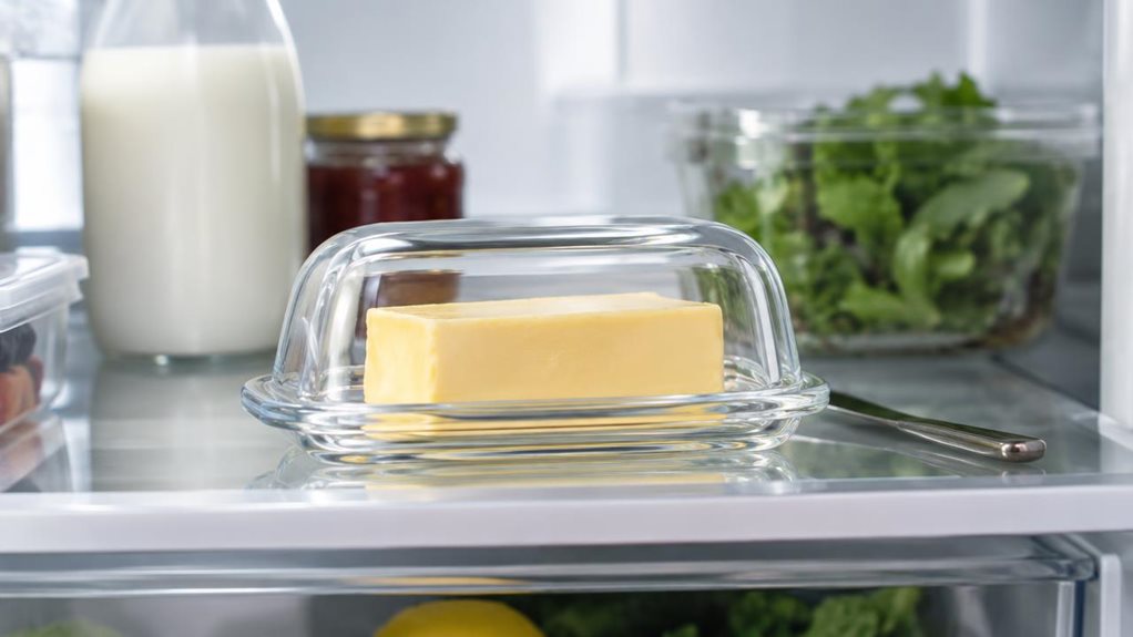A photograph of a single clear glass butter dish with a smooth, gently domed lid, resting on a refrigerator shelf in a bright, modern kitchen. A neat block of pale yellow butter sits inside, visible through the glass, with a small butter knife placed casually beside it. The dish is the clear focal point, photographed at shelf height in a horizontally composed 16:9 landscape frame. Soft daylight spills into the open refrigerator, creating delicate highlights on the glass and n