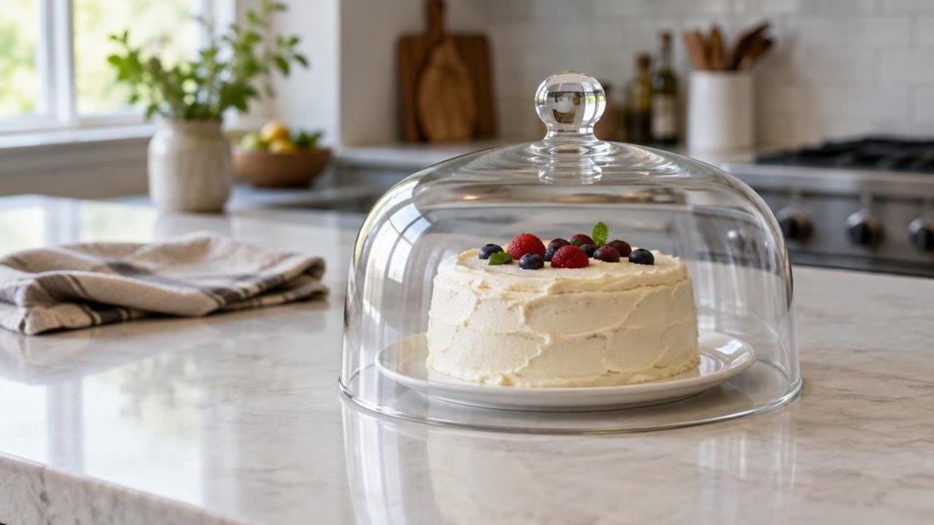 A photograph of a clear cake dome resting on a pale stone kitchen island, its smooth transparent cover revealing a small, freshly frosted cake on a simple white plate. The dome is the single hero product, shown naturally in a bright, modern home kitchen, with subtle reflections along its curved surface and the cake clearly visible beneath it. A folded linen towel and a few softly blurred kitchen details sit farther back, adding a lived-in feel without distracting from the cov