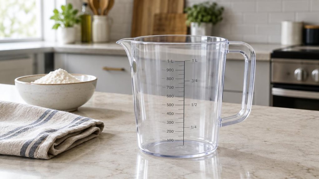 A photograph of a single clear 1-liter measuring jug resting on a pale stone kitchen countertop, composed horizontally in a 16:9 landscape frame. The jug is the hero, shown at a natural three-quarter angle with its molded measurement markings, sturdy handle, and pointed pouring spout clearly visible. Nearby, a folded linen tea towel and a small bowl of flour suggest an everyday baking setting without distracting from the product. The scene feels candid and observational, as t