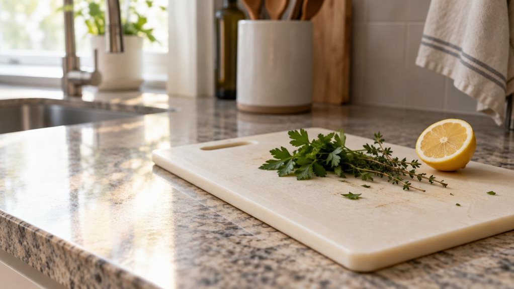 A photograph of a rectangular polypropylene cutting board resting on a granite kitchen countertop, captured in a horizontal 16:9 composition. The board shows a pale cream color with a subtle textured surface, its edges slightly worn from regular use, hinting at durability. A few fresh herb sprigs and a half-sliced lemon sit casually atop it, as if someone paused mid-preparation. Natural window light streams in from the left, casting soft shadows and highlighting the board's m