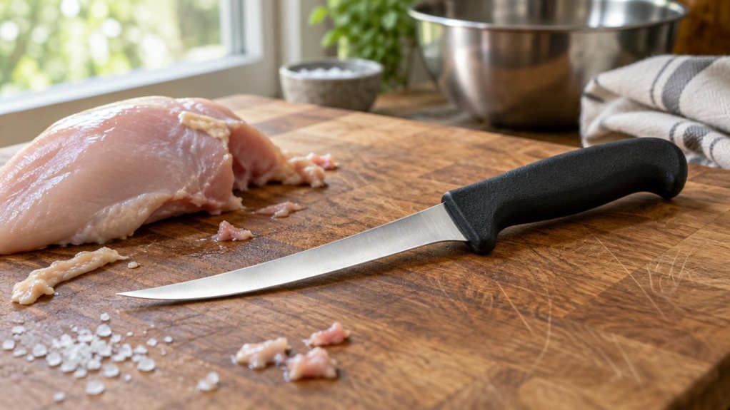 A photograph of a single Arcos boning knife with its curved 140mm blade and black polypropylene handle, resting diagonally on a wooden butcher block beside a partially trimmed cut of raw chicken breast. The scene is captured in a horizontally composed 16:9 landscape, set on a rustic kitchen countertop near a window where soft, natural daylight spills in from the left, casting a gentle highlight along the knife's polished, slightly curved blade edge. Small flecks of meat trimm