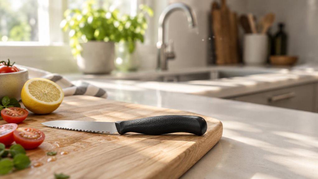A photograph of a single Arcos-style serrated paring knife resting on a light oak cutting board in a sunlit kitchen, composed in a wide 16:9 landscape frame. The knife lies diagonally across the lower third of the image, its textured black polymer handle catching soft morning light while the serrated edge of the stainless steel blade glints subtly. Beside it, a halved lemon and a few scattered tomato slices suggest recent use, though the scene feels still and candid, as if ca